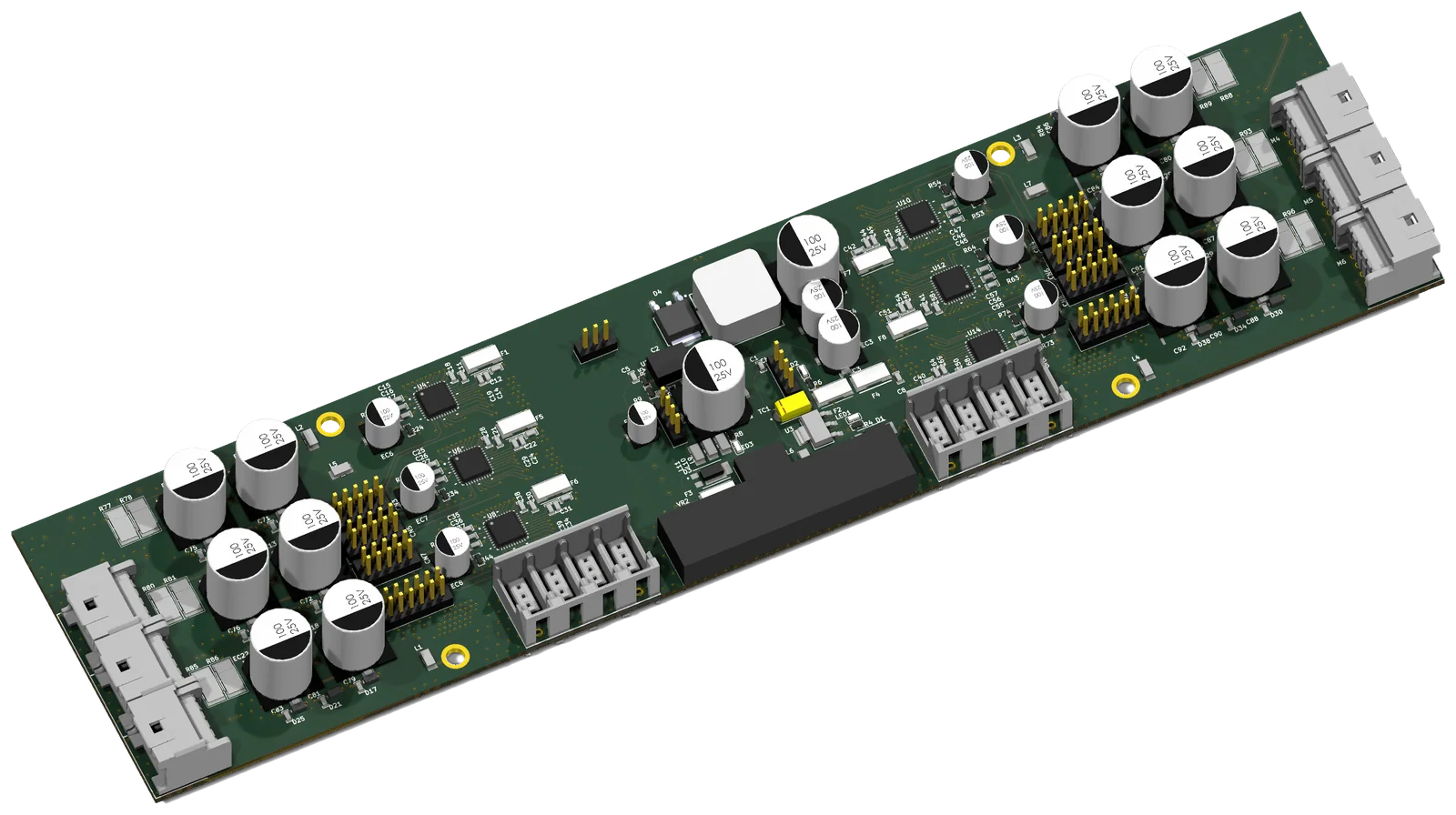6-channel BLDC motor driver board. 6 driver ICs, 23 electrolytic capacitors.