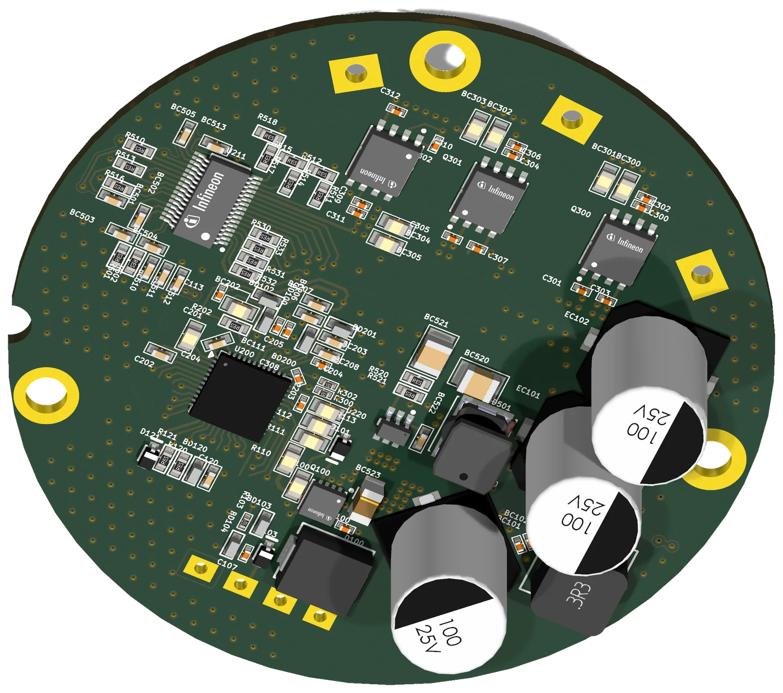 100V-class round motor control board. Gate driver and MCU placed within the round outline.