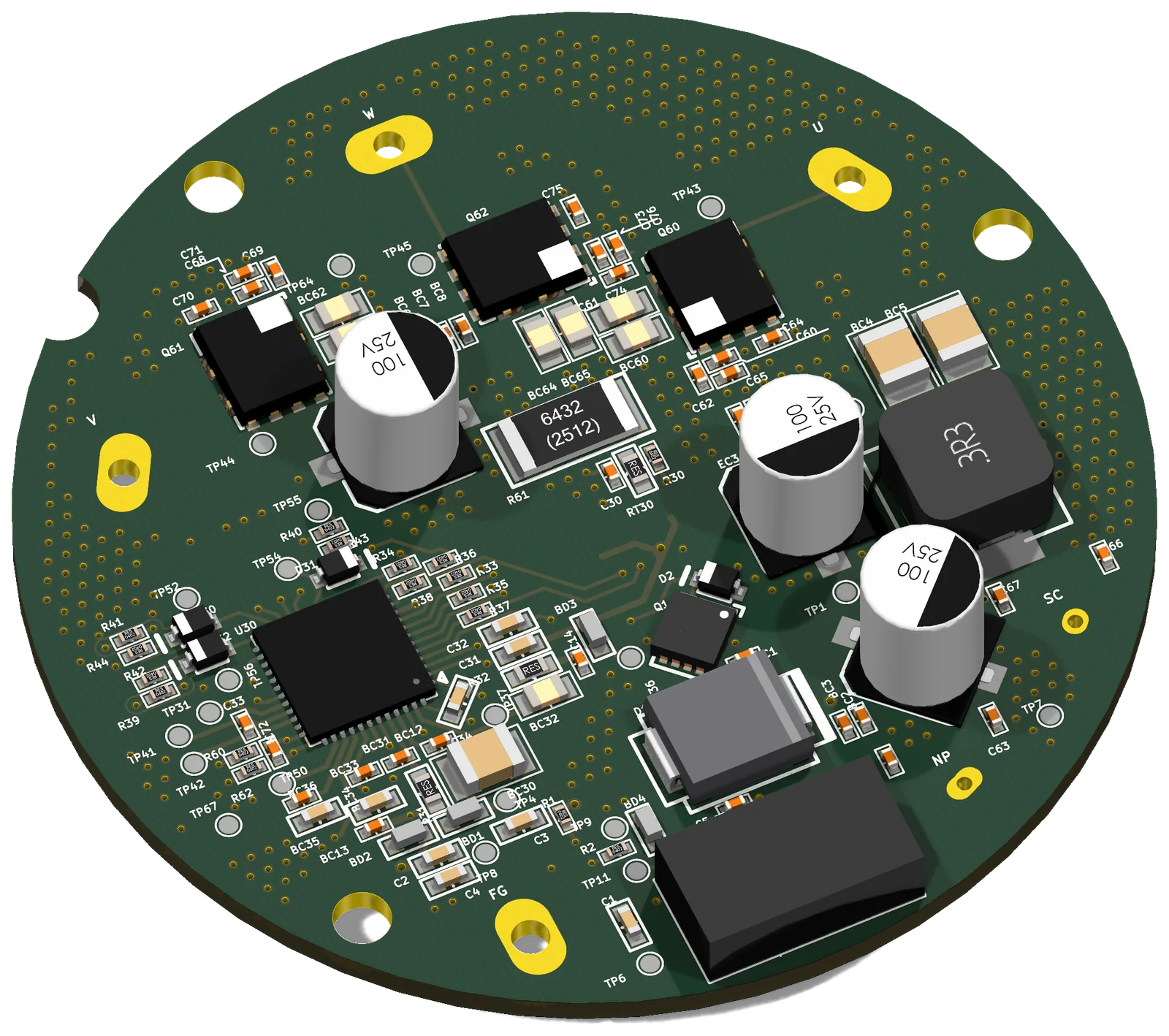 Compact power switching board. 4 MOSFETs and protection diodes.