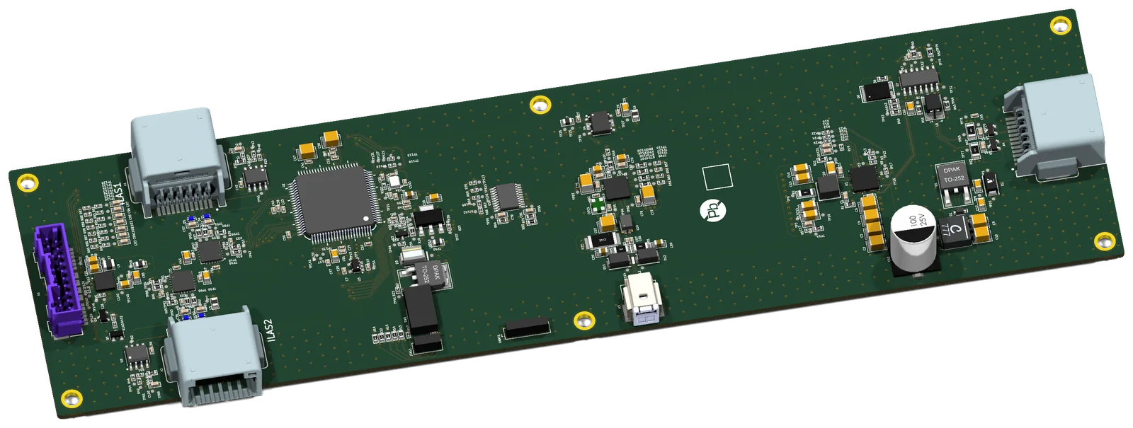 Long automotive control board. CAN transceiver, high-side switches.