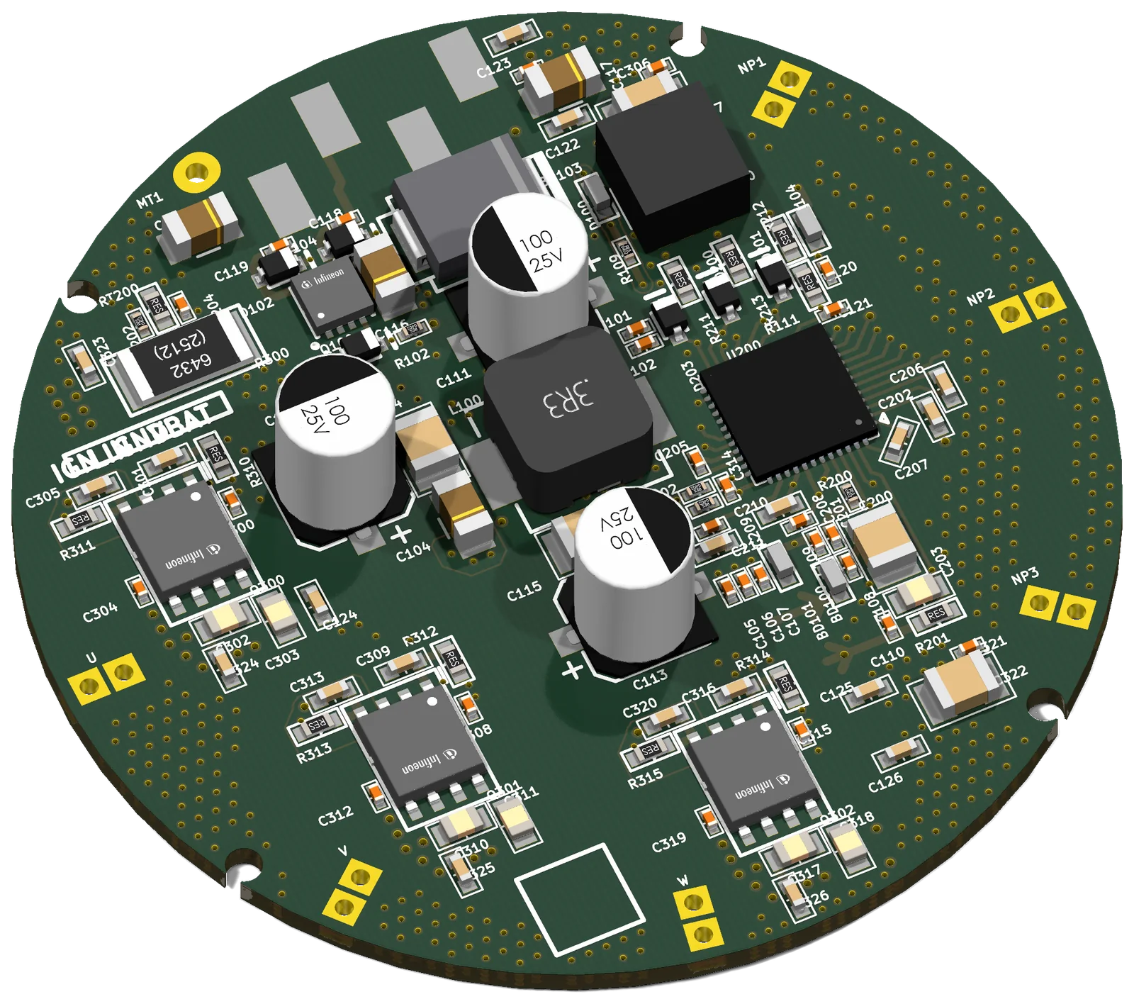 Round motor driver board. 4 MOSFETs, electrolytic capacitors.