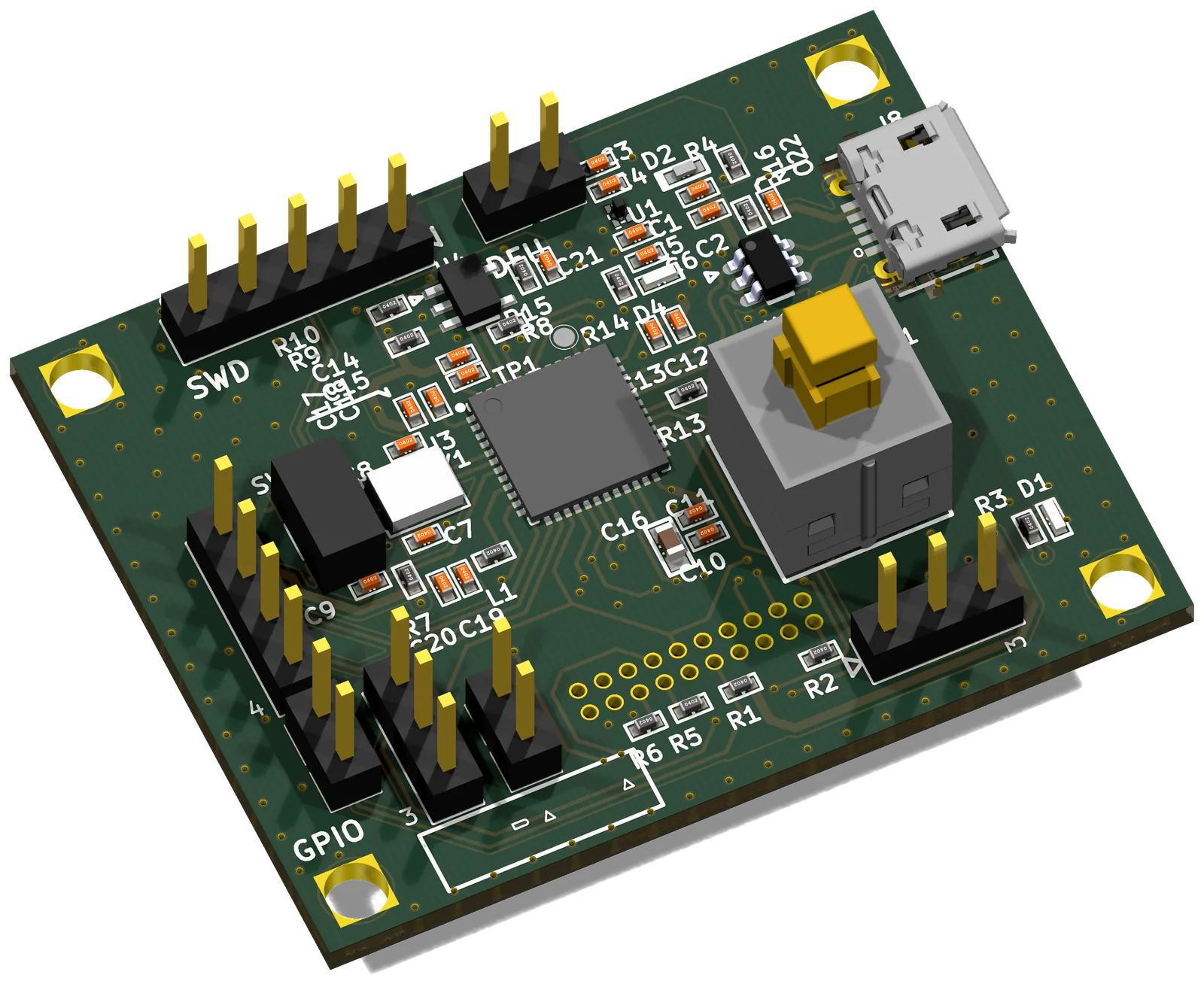 STM32F411 USB development board. SWD/GPIO pin header, micro USB.