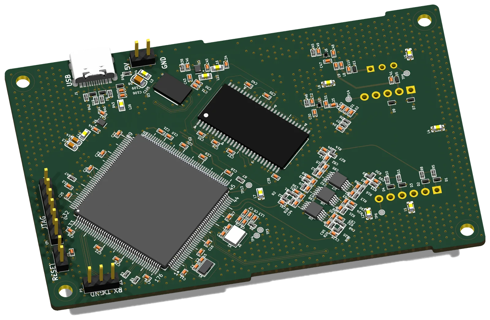 Precision analog measurement board. 3 operational amplifiers, USB-C, JTAG header.