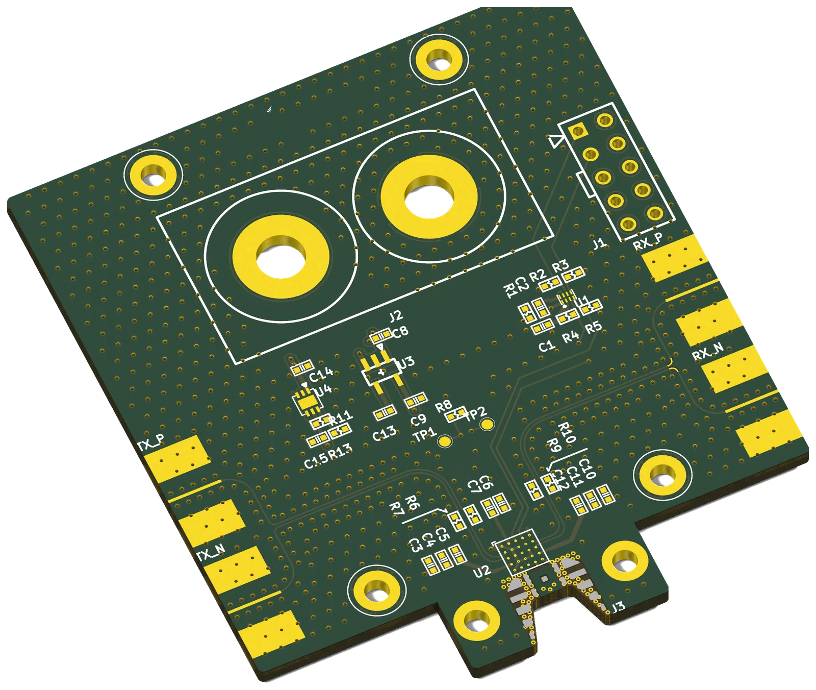 RF antenna board. 4 SMA connectors, onboard antenna pattern.