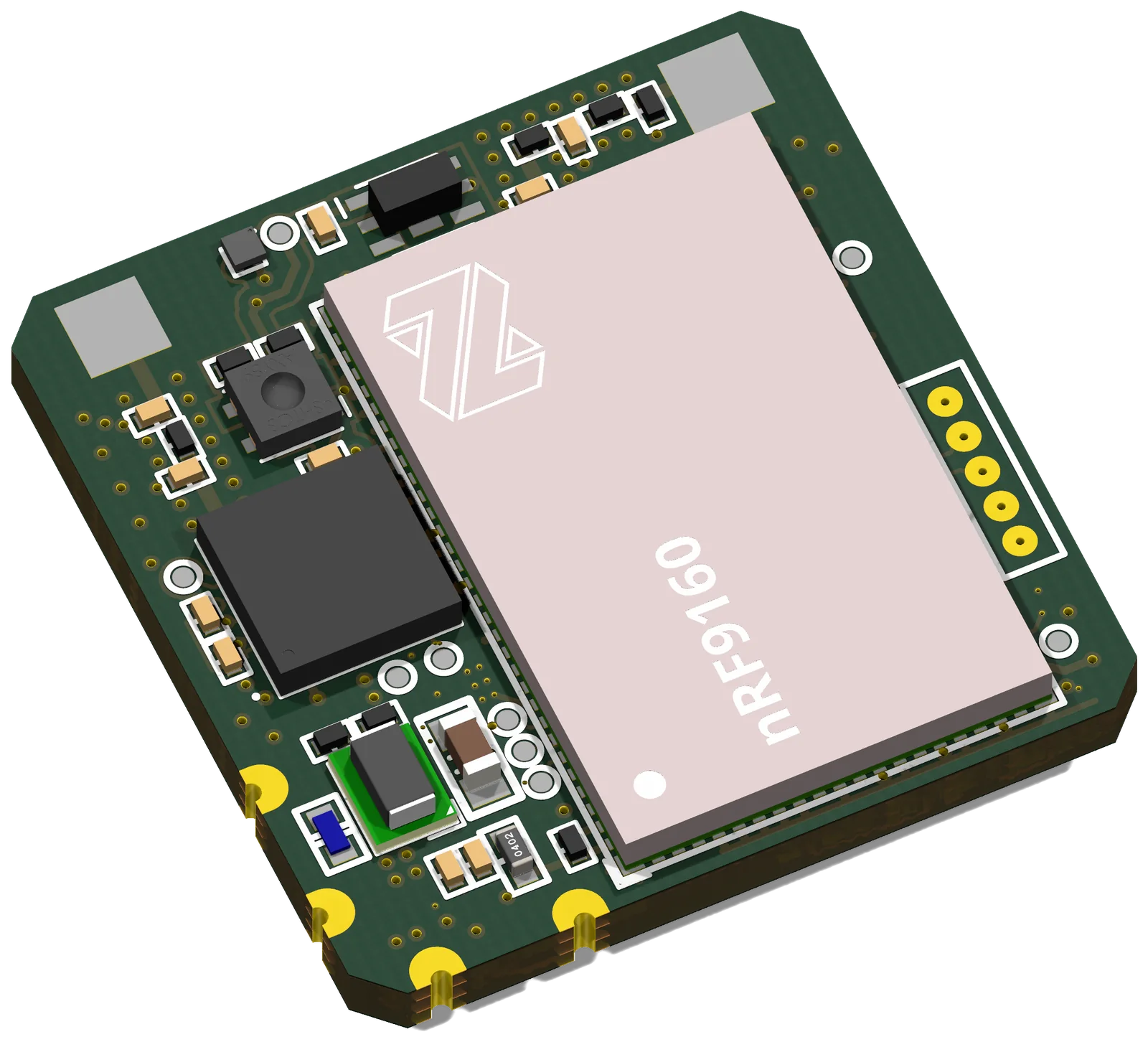 LTE-M/GNSS miniature module board. Accelerometer, light sensor, flash memory.